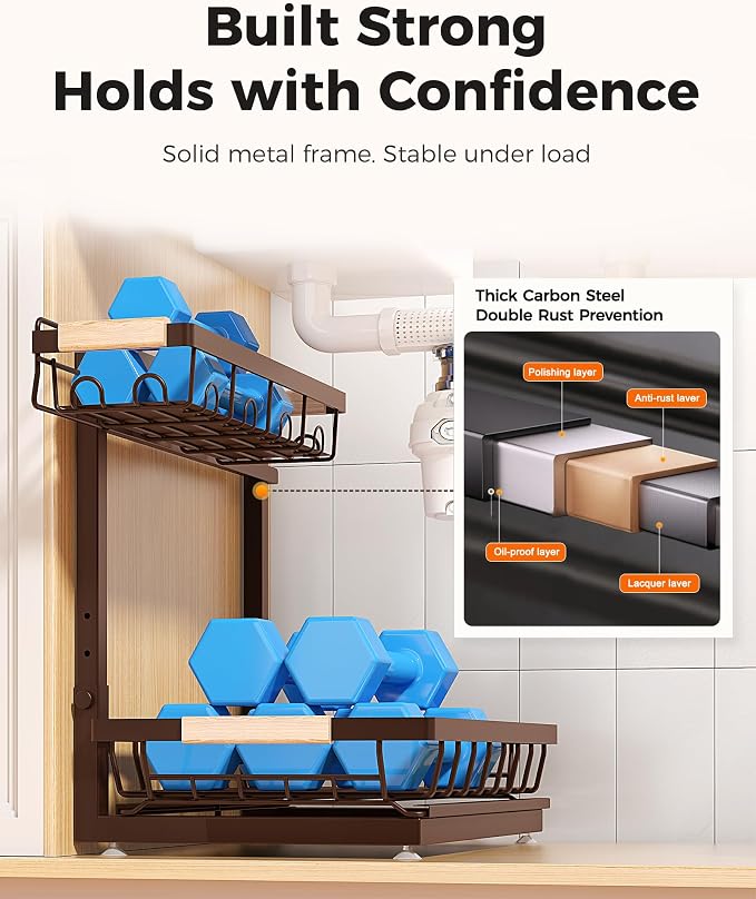 Sevenblue 3 Pack Under Sink Organizer, Height Adjustable 2 Tier Pull-Out Metal Under Kitchen Sink Organizer, Multi-Purpose Storage Shelves for Kitchen Bathroom Cabinet, Brown