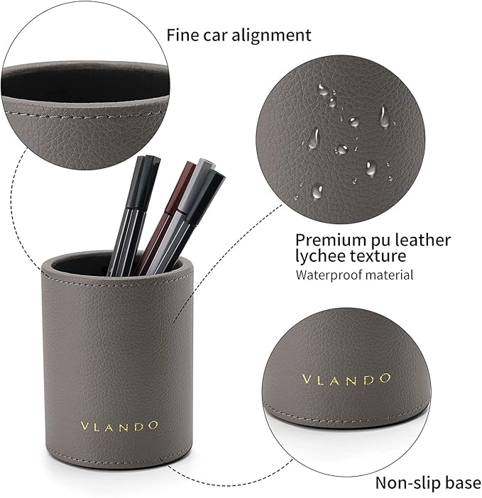 VLANDO Office Desk Organizer Leather Desktop Organizer Caddy with Drawer for Storing Desktop Supplies and Accessories (Grey Set) | Grey leather desk organizer set combines divided desktop storage and a pull-out drawer for office supplies and accessories