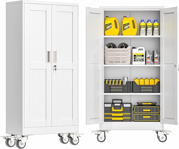 GAIOUS Metal Garage Storage Cabinet with Lock, 61” Tall Lockable File Cabinet with Wheels, Steel Tool Cabinet with 2 Door and 3 Adjustable Shelves, Rolling Cabinet for Home Office Garage Gym - White