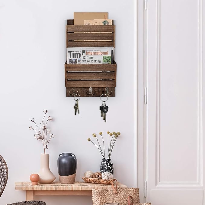 Unistyle Mail Organizer with 4 Hooks, Rustic Brown Wall Mount, Cedar Wood Key Holder for Letters, Magazines, Keys, Dog Leashes