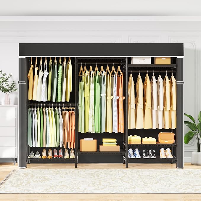 E13C Heavy Duty Closet Organizer System，Freestanding Clothing Racks for Hanging Clothes，Adjustable Garment Rack 63" W x 16" D x 77" H Hold 960 lbs，Black Clothing Rack with Black Dustproof Cover