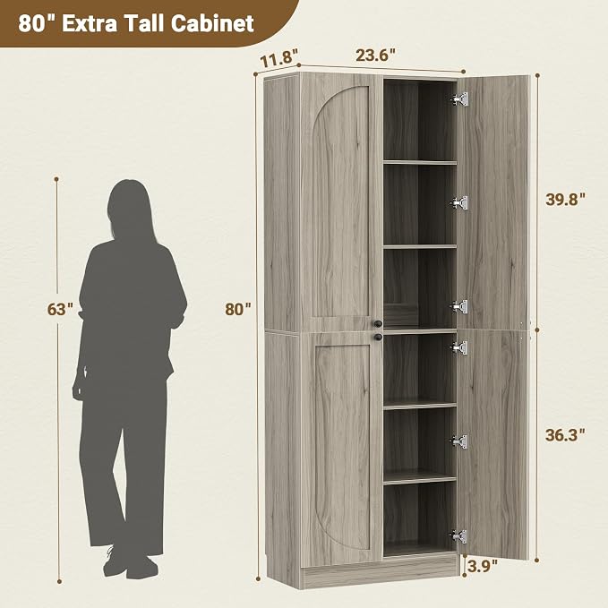 Cyclysio 80" Kitchen Pantry, Extra Tall Arch Storage Cabinet with 4 Soft Close Doors and Adjustable Shelves, Freestanding Wood Cupboard with Seamless Fit Wall for Dining Living Room Bathroom Furniture