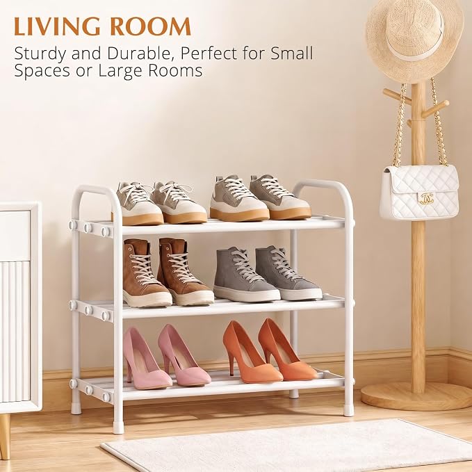 INSMART 3-Tier Expandable Shoe Rack, Stackable and Adjustable Shoes Organizer Storage Shelf, Sturdy and Durable Metal Structure Free Standing Shoe Rack for Closet Entryway Doorway, White
