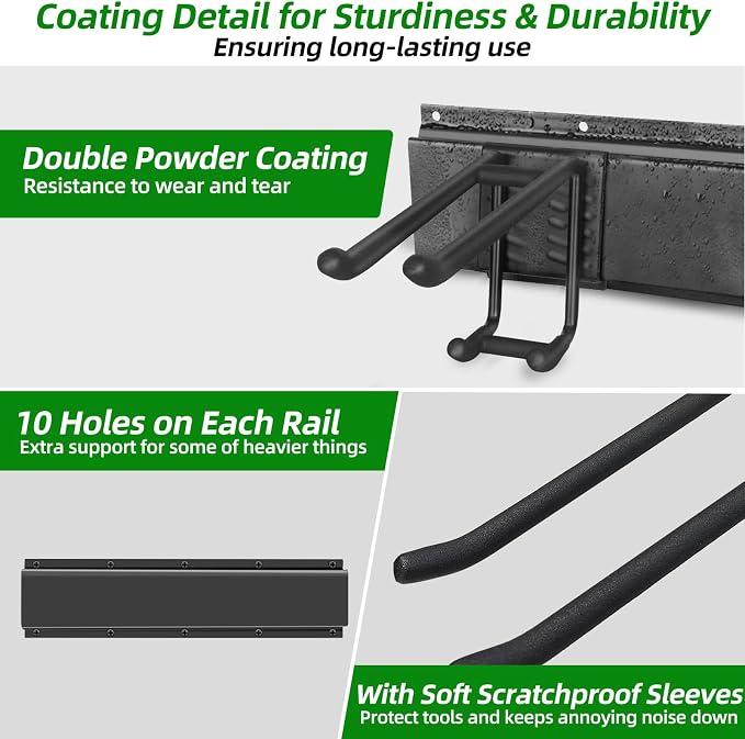 Garage Wall Organizer, 96 in Garden Tool Organizer with 12 Adjustable Hooks | 720 LBS Load, Wear & Tear Resistant, Soft Anti-Scratch Hook Sleeves, 3 Extra Storage Straps, For Garden Lawn & Shed Tools