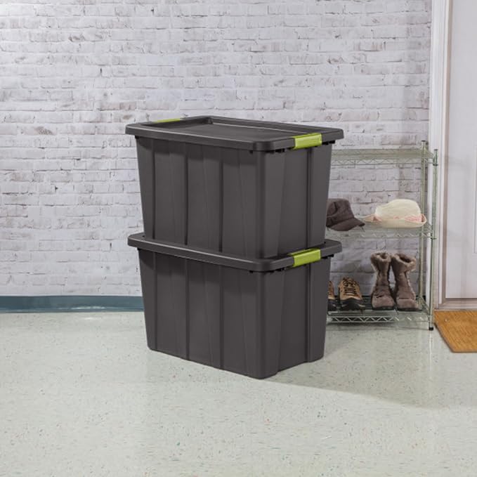 Sterilite Latching Tuff1 Tote Containers w/Lids, 30 Gallon, 12-Pack | Flat Gray, Large Plastic Storage Bins - Heavy-Duty Stackable Organizer Boxes for Home, Office, Basement, Closet, & Garage