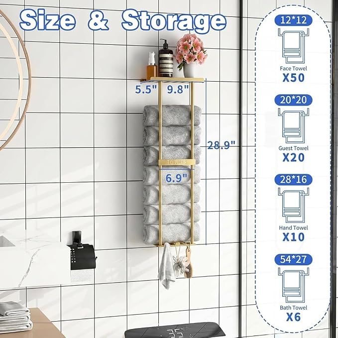 2-Tier Wall-Mounted Towel Rack with Hooks & Shelf, Black Metal Towel Holder for Small Bathrooms (Gold)
