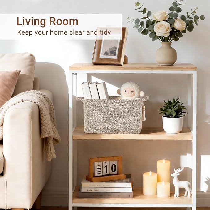 Mkono Woven Storage Basket, Cube Cotton Rope Basket for Shelves, 13"x10"x9" | Organizes Shoes Clothes Toys Towels Books, Gift Basket, Wooden Beads Tassel, Rectangle Bin, Fits Entryway Bedroom Living Room