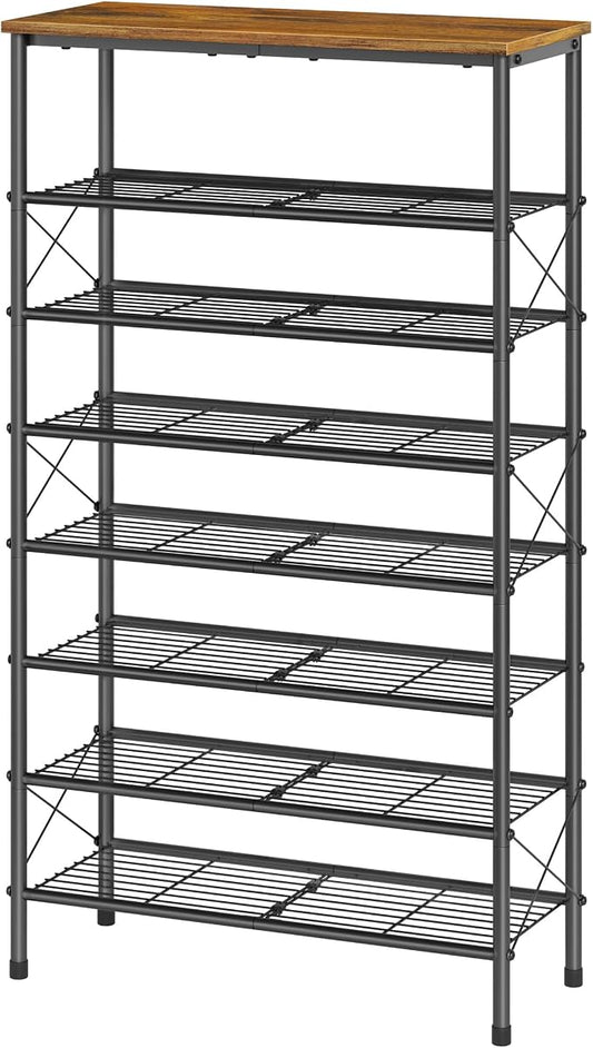 8 Tier Shoe Rack for 28-32 Pairs of Shoes, Rustic Brown & Black | Sturdy & Durable, X Shape Fixed Frame, Metal Mesh Shoe Shelf, Industrial, For Closet, For Entryway Shoe Storage