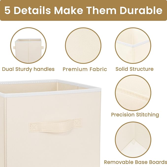 Criusia Storage Cubes, 11 Inch Clothes Storage Bins with Dual Handles (10 Pack), Fabric Collapsible Storage Bins for Shelves Closet, Cubby Organizer Bins for Clothing Toys Blanket Magazines (Beige)