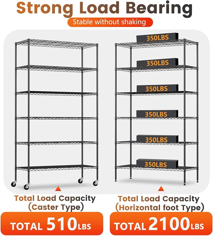 BestOffice | 6-Tier Wire Shelf with Wheels | 45" x 18" x 82" | Black | Storage Shelves with Adjustable Racks, Holds upto 2100 lbs | Rust-Resistant, No-Tool Assembly | For Home, Garage