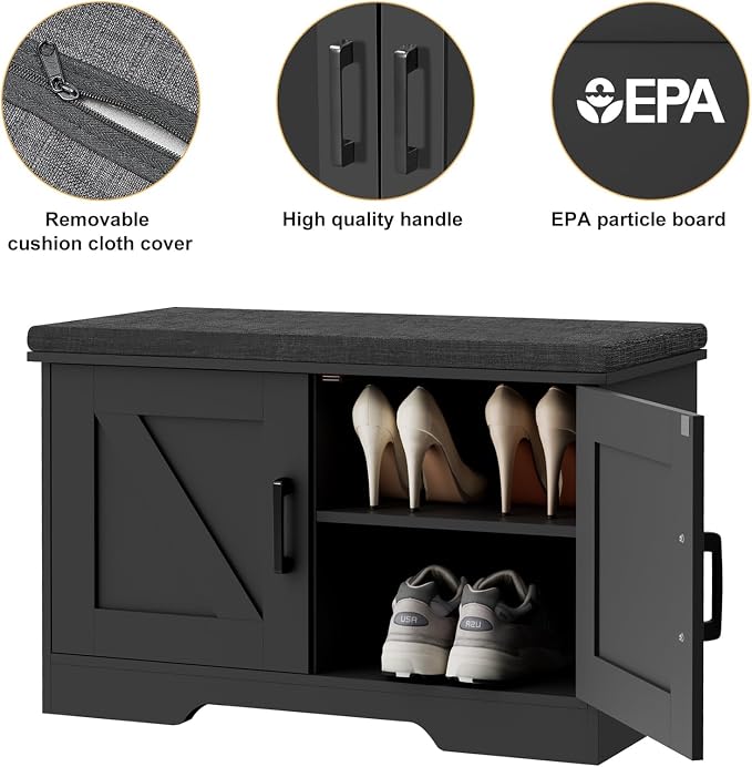 HOMSHO Farmhouse Shoe Storage Bench with 2 Barn Doors & Padded Seat Cushion | 27.6" Wide Entryway Bench with Adjustable Shelves & Hidden Storage, Black