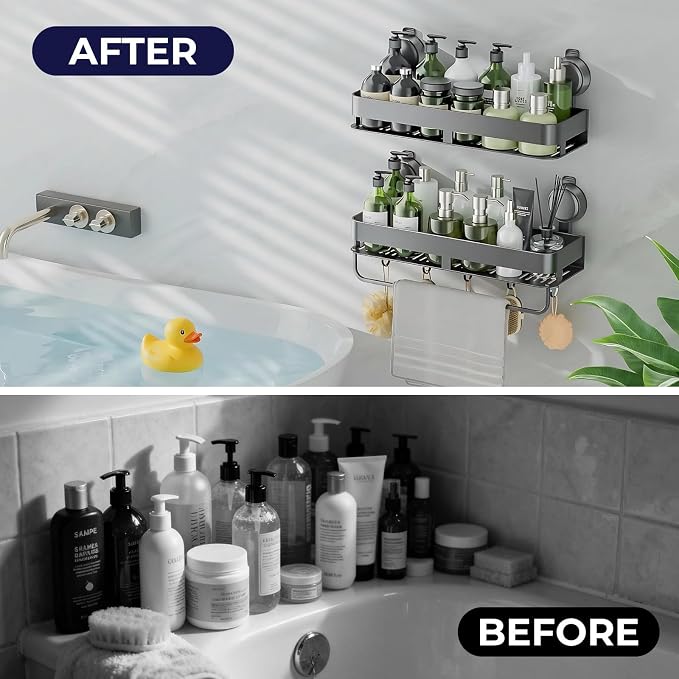 Corner Shower Caddy,Suction Cup Shower Caddy with Hooks,No Drilling Rustproof Aluminum Bathroom Organizers and Storage,Shelves for Bathroom Accessories Decor (15.7inch-Gunmetal Gray)