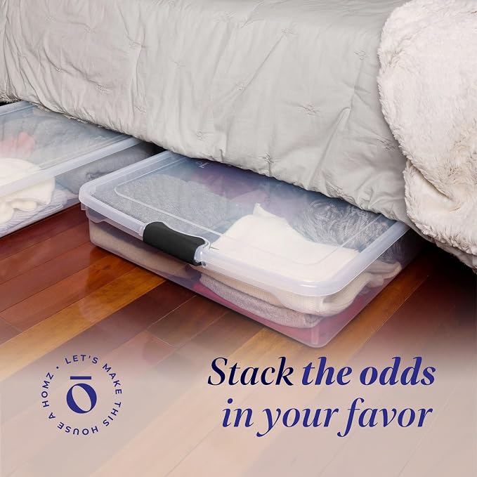 HOMZ 56 Quart Clear Latching Underbed Plastic Storage with Wheels, 2-Pack, Multipurpose for Clothes, Shoes, and Bedding