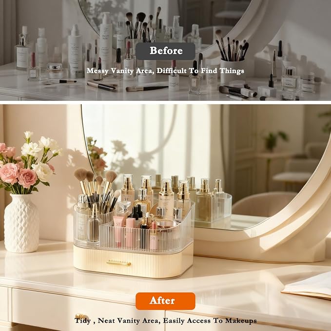 Makeup Organizer Countertop with 360 Rotating Brush Holder, Make Up Organizers For Vanity With Drawer, Bathroom Countertop Skincare Organizer And Storage