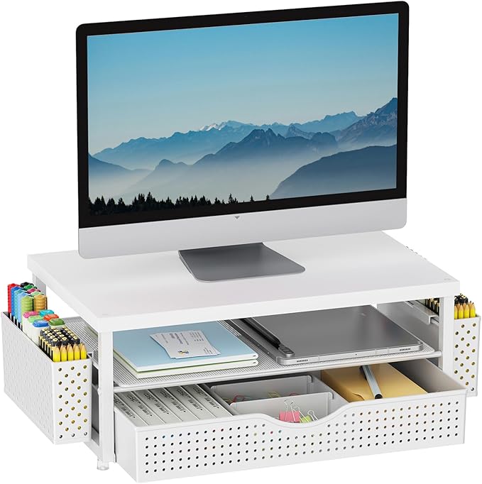gianotter Desk Organizers and Accessories, Monitor Stand with Drawer and 2 Pen Holder, Desktop Organizer Suitable for Offices and Dormitories (White-Plain)