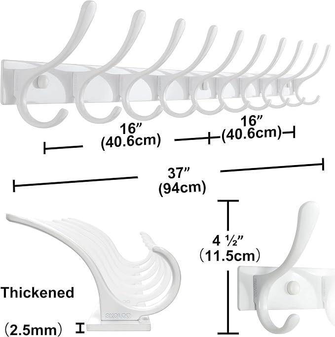 SKOLOO Coat Rack Wall Mounted - 10 Hooks, Pack of 2, Heavy Duty, Stainless Steel, Metal Wall Hangers, Sturdy Coat Hooks for Hanging Coats, Jacket, Clothes, Hat, White