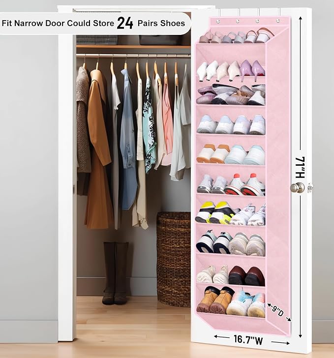 SLEEPING LAMB Over The Door Shoe Organizer for Closet with Large Deep Pockets, Narrow Shoe Rack for Door Hanging Boots Storage, Pink