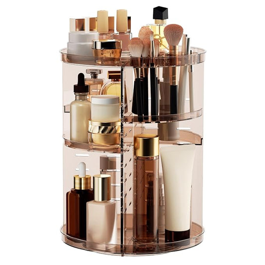 Rotating Makeup Organizer, DIY 8 Adjustable Layers Spinning Skincare Storage, Cosmetic Display Case with Brush Holder and Perfume Tray, Multi-Function Vanity Bathroom Countertop Organizer Clear Coffee