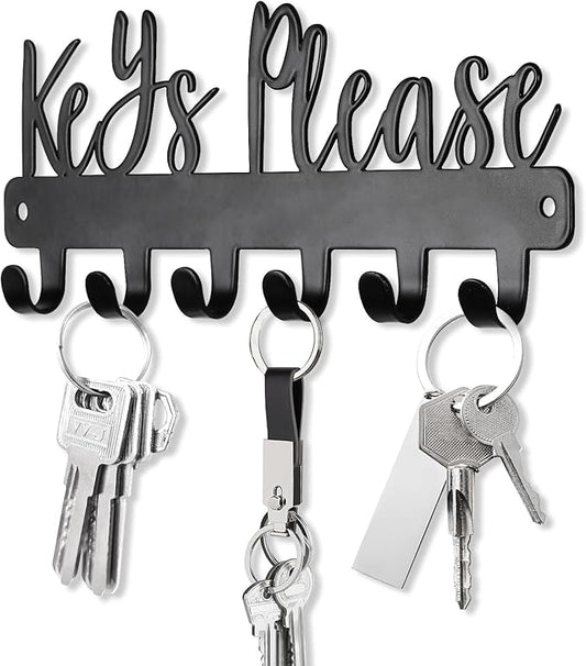Keys Please Key Holder Wall Mounted, Mini Size: 7.28x2.95inch | Black Metal Decorative Rack Hooks for Garage,Mudroom,Hallway,Entryway,Front Door,Office
