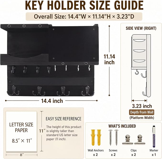 Key Holder for Wall Mount with Shelf and Mail Organizer, Key and Mail Holder with 16 Hooks, Farmhouse Entryway Organizer, Home Decor Rack (Pine Wood, Black)