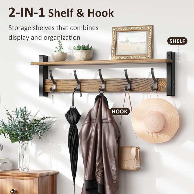 Optish Coat Rack Wall Mount with Shelf, 24 Inch Coat Hanger Walls Mounted, Hat Rack for Walls, Shelf with 5 Coat Hooks, Wall Hanger for Entryway (Brown)