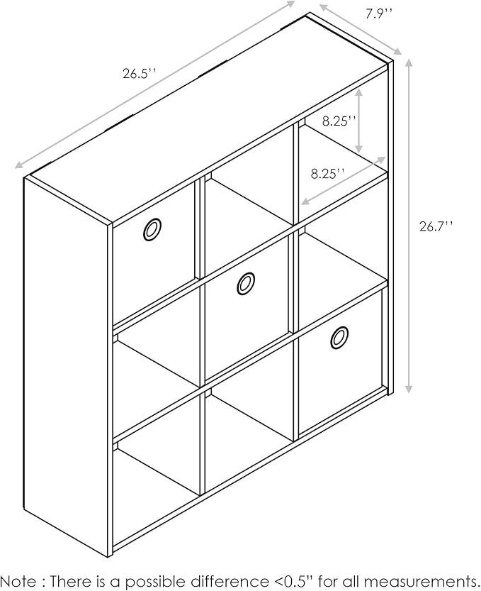 Furinno Simplistic 9-Cube Organizer with Bins, Small Size (Assembled unit dimensions : 7.9"D x 26.5"W x 26.7"H inches), French Oak/Black