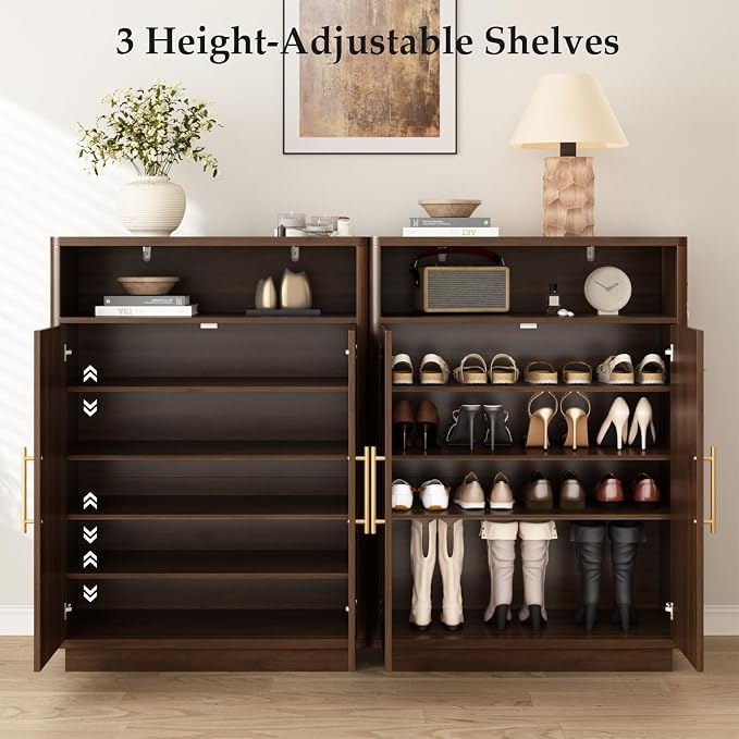 Fluted Shoe Storage Cabinet with 2 Arch Doors, 43" Tall Wood Cabinet | 6-Tier Large Shoe Rack w/Adjustable Shelves, Mid Century Modern Hidden Shoes Organizer for Hallway, Entryway, Fits Size 13