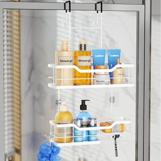 Consumest Over Door Shower Caddy - 2 Tier Shower Shelves Hanging with Soap Holders, Large Capacity Shower Organizer with 4 Hooks, Bathroom Rack and Storage, White