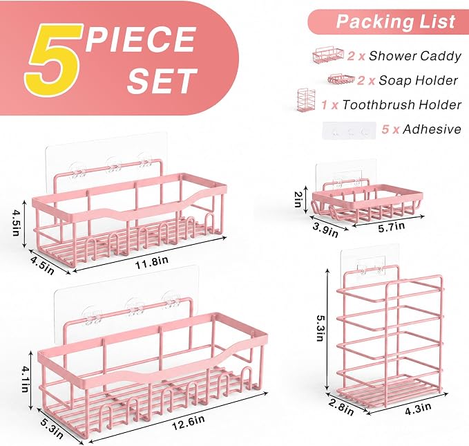 EUDELE 5-Pack Rustproof Stainless Steel Shower Caddy – No Drill Adhesive Bathroom Organizer with Large Capacity, Spacious Shower Shelves for Inside Shower, Kitchen & Home Decor Storage-XL Size
