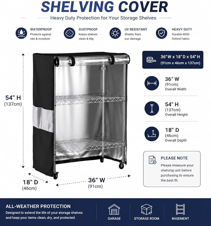 Wire Shelf Cover 36x18x54 600D Waterproof Dustproof Rack Cover Clear Window | Heavy duty wire rack cover waterproof dustproof with clear window fits 36x18x54 shelving for pantry garage storage