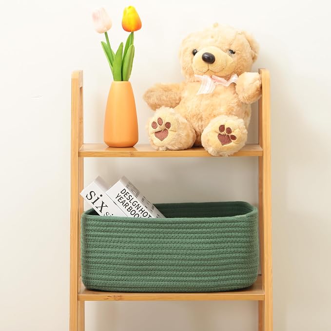 MiniArk Small Storage Baskets for Organizing | Closet Organizer Bins | Shelf Toy Basket | Woven Rope Baskets | Cube Decorative Box | Shallow Basket | 11.5x7.5x4.7” | 3 Packs Green