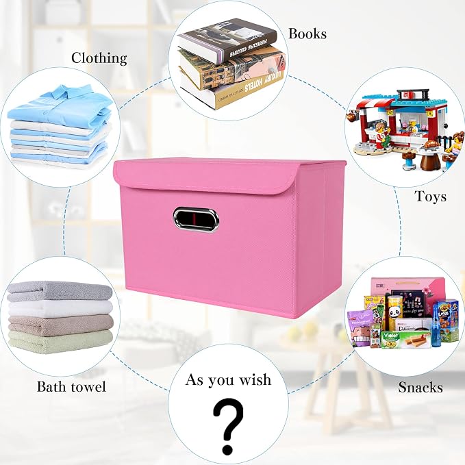 STOREONE Fabric Storage Cube Bins Foldable Organizer Container Collapsible Basket with Lids and Metal Handles, for Home, Bedroom, Closet 6 Pcs (Pink)