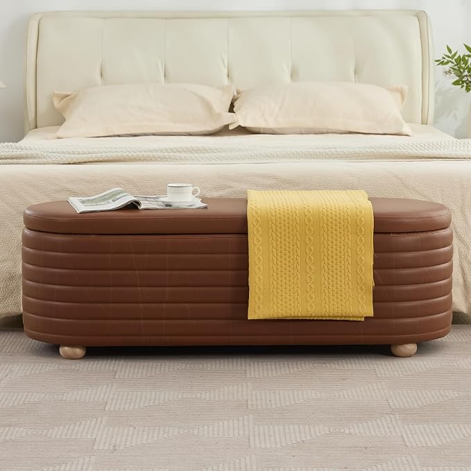 53" Storage Bench PU Leather Ottoman Bench Upholstered Bench End of Bed Stool with Safety Hinge for Bedroom, Living Room, Entryway, Brown