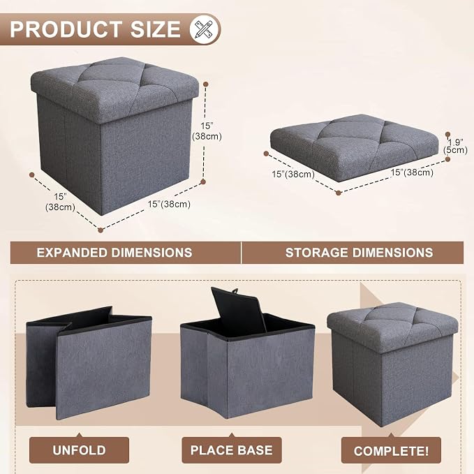15'' W Storage Ottoman Bench, Folding Storage Bench Ottoman, for Bedroom, Living Room, and Utility Room, Grey