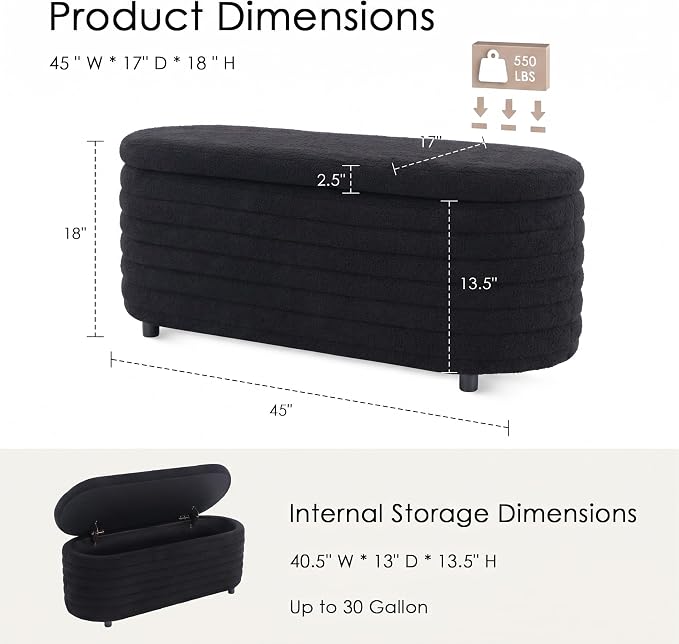 Storage Ottoman Bench Upholstered Fabric Storage Bench End of Bed Stool with Safety Hinge for Bedroom, Living Room, Entryway (45.5-inch, Black)