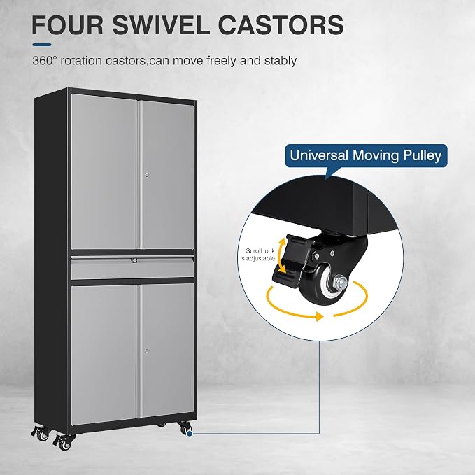 Metal Storage Cabinet with Wheels, 73" Tall Garage Rolling Storage Cabinets with Doors and Shelves, Lockable Tool Caninet Steel Locking Cabnets for Home Office, Garage, Pantry