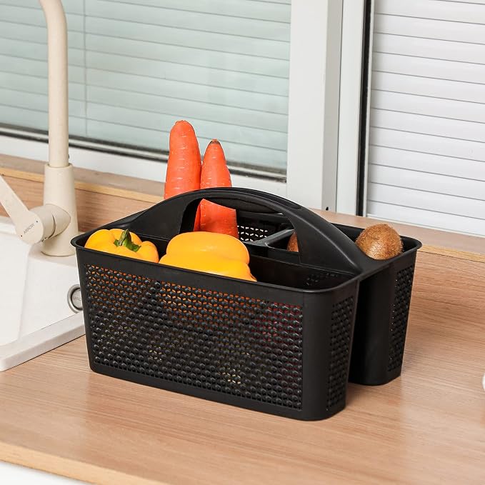 Plastic Portable Shower Caddy Basket with Handle, 3 Compartments, Black | Storage Organizer with Drain Holes, Sturdy and Durable For Bathroom, Kitchen, College Dorm, Sink, Camping