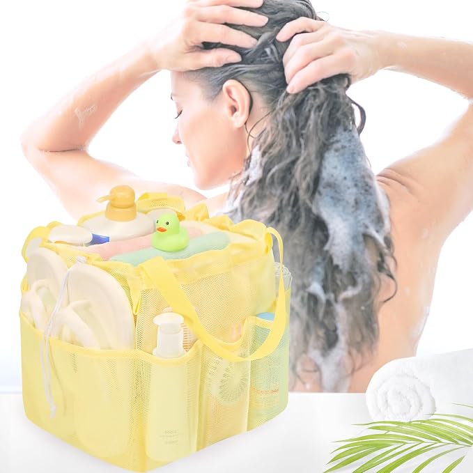 famichan Mesh Shower Caddy Portable with Drawstring, Dorm Room Essentials for College Students Girls & Boys, Large Shower Bag for Camping,Swimming,Gym,Travel,Bathroom - Yellow