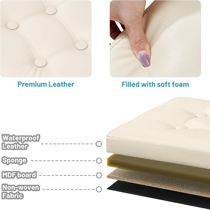 Bsketa Storage Ottoman Bench,15 Inch Folding Leather Foot Rest Stool, Beige | Small Ottoman with Side Pockets, Thicker Foam Padded Seat, Livingroom, Dorm, Bedroom, Easy to install, 30L,15x15x15in