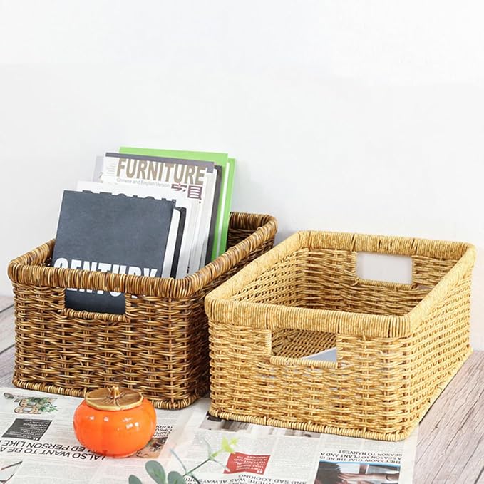 SHINEOFI Decorative Woven Storage Basket Handwoven Imitation Rattan Sundries Organizer with Hollow Handles for Home Desktop Organization Deep Coffee Color