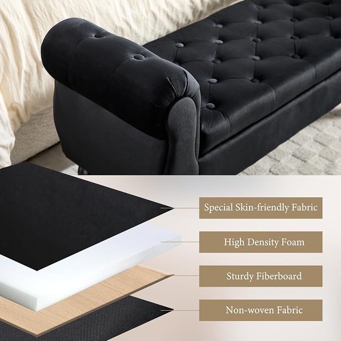 47″ Storage Bench with Arms End of Bed Bench,Velvet Entryway Bench with Storage, Button Tufted Upholstered Ottoman Bench Wood Legs, Window Sitting Bench for Bedroom/Living Room/Hallway, Black