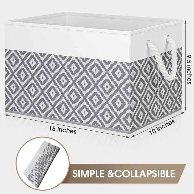 StorageTastic Storage Bins, 6-Pack Large Storage Box | with Rope Handles, Collapsible Storage Basket for Organizing Books,Clothes,Rhombic Grey