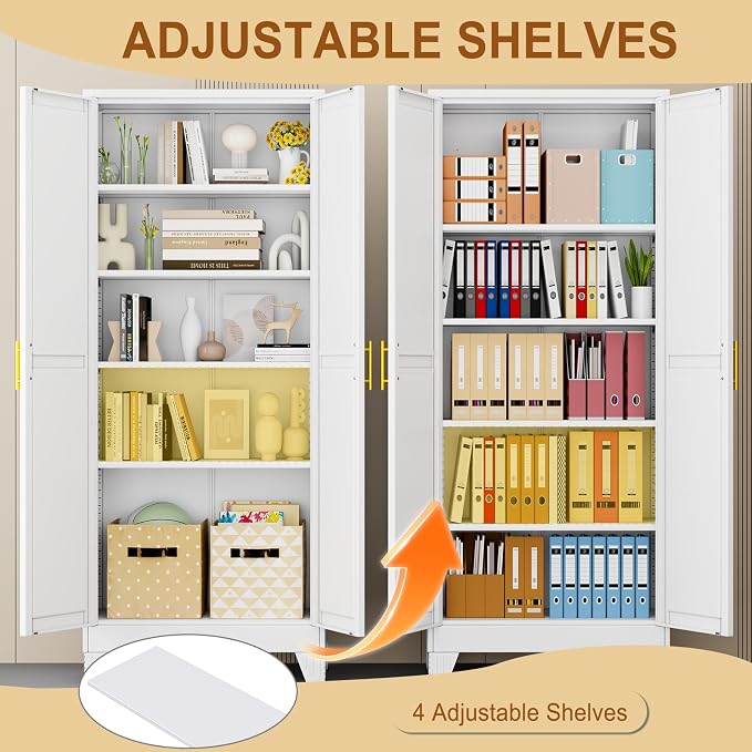 71" White Metal Storage Cabinet with 2 Doors and 4 Adjustable Shelves,Steel Garage Tool Cabinet, File Cabinet,Kitchen Pantry Cabinet for Home,Office,Garage,School,Warehouse