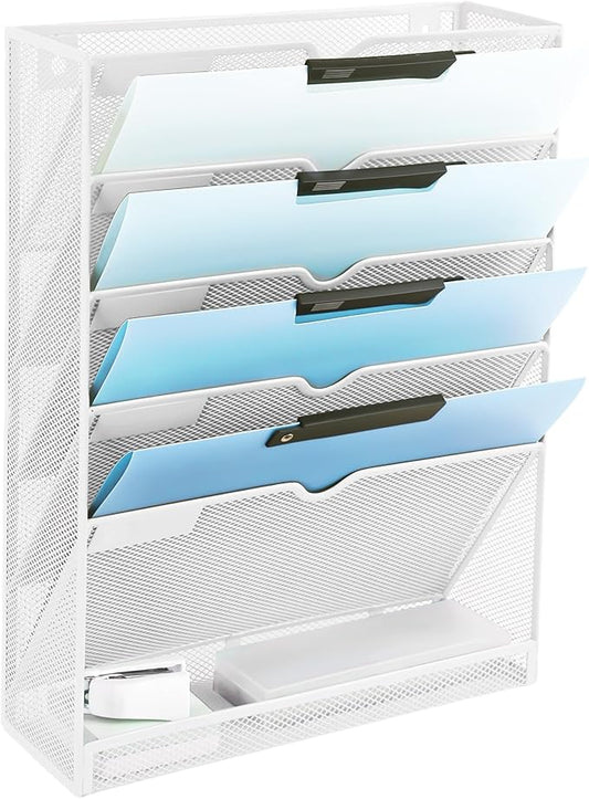 EASEPRES 6 Tier Mesh Hanging Wall File Organizer, Desk Vertical Mail Paper Document Folder Holder Rack with Bottom Tray and Nametag Label for Office Home School, White