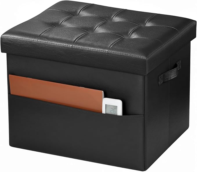 Bsketa Storage Ottoman Bench,17 Inch Folding Leather Foot Rest Stool, Black | Small Ottoman with Side Pockets, Thicker Foam Padded Seat, Livingroom, Dorm, Bedroom, Easy to install, 43L,17x13x13in