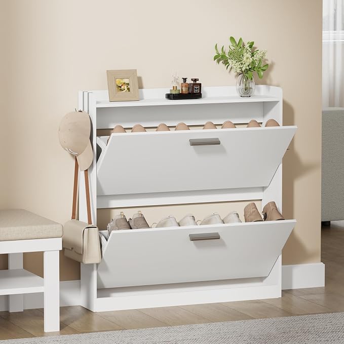 Shoe Cabinet Organizer with 2 Flip Drawers,Narrow Shoe Rack 31.5" W White | Freestanding shoe storage cabinet for entryway,foyer and hallway,space-saving flip drawers,Adjustable Shelves & 2 Hooks