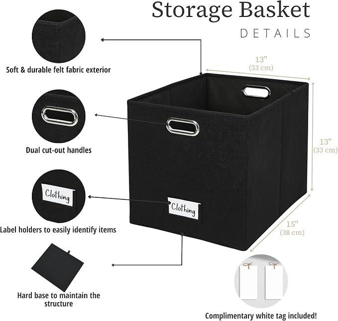 DECOMOMO Felt Storage Bins, 13x15x13 Storage Cube Bins with Labels | 4 Pack Storage Baskets for Shelves, Kallax (Black)