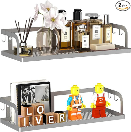PUSDON 2-Pack Wide Hollowout Shower Caddy & Spice Rack, Wall Mount Bathroom Organizer with Mesh Bottom, Easy Access Cabinet Door Shelf Holds 50LBS - Silver Gray, Hollowout