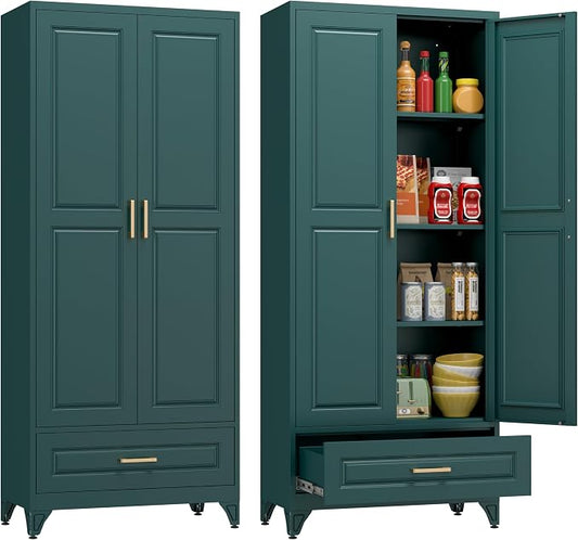 Polup 75" Metal Storage Cabinet, Tall Kitchen Pantry Cabinet with 1 Drawer | Green Heavy-Duty Steel Cupboard, 2 Doors, 3 Adjustable Shelves, Magnetic Latch, Gold Handles, for Dining Living Room, Laundry