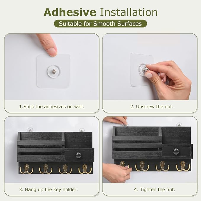 Key Holder Wall Mount, Wooden Key and Mail Organizer, Black | 2 Mount Options, Includes 8 Hooks, Fence Mail Slot, Small Drawer and Shelf, for Entryway, Hallway, Doorway, Living Room, RV